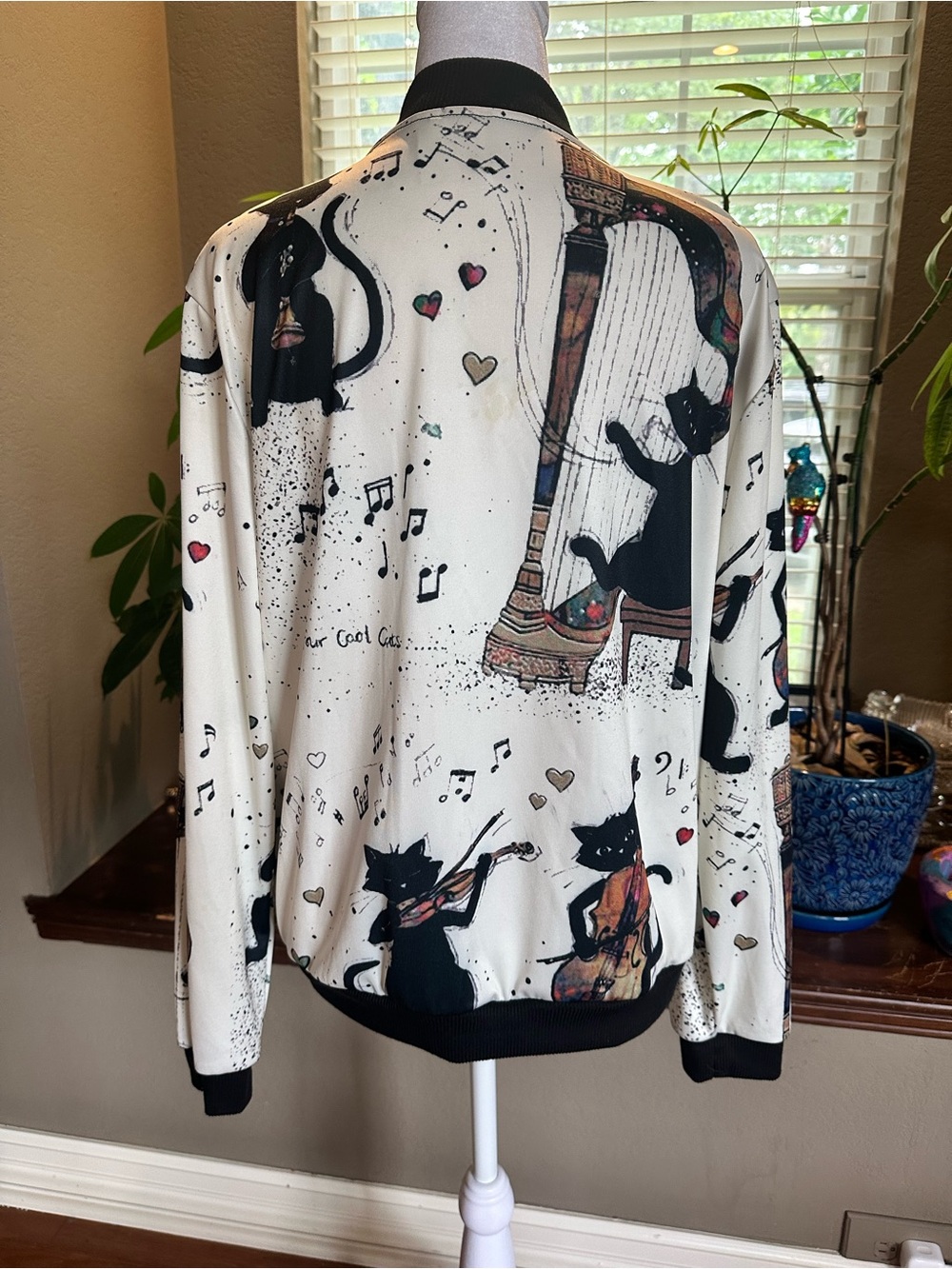 Women's White Bomber Jacket with Musical Cat Print - Picture 3 of 6